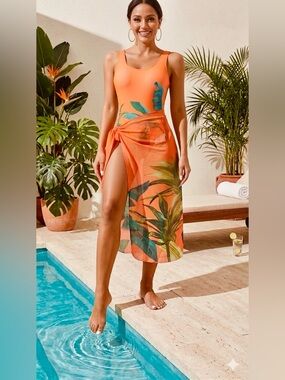 Orange Tropical Print Women’s Swim Dress with Sheer Wrap NWOT